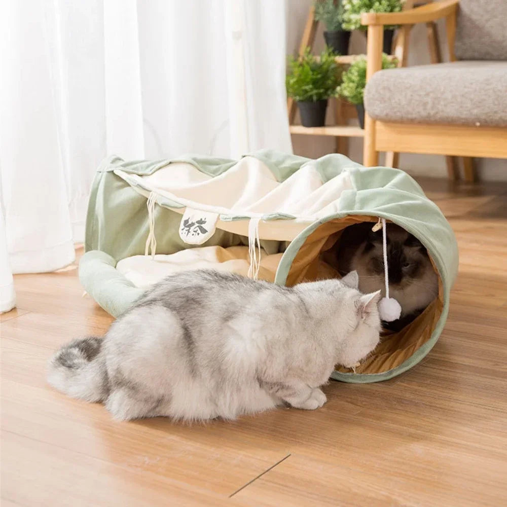FurryFun 2-in-1 Katzenspieltunnel mit abnehmbarer Schlafmatte