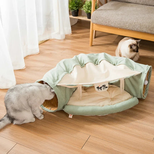 FurryFun 2-in-1 Katzenspieltunnel mit abnehmbarer Schlafmatte