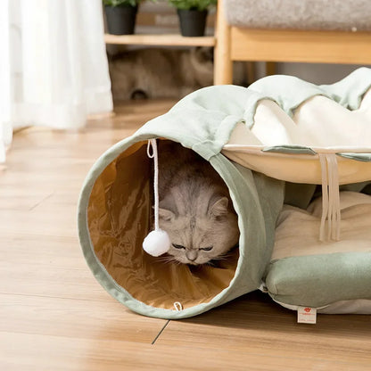 FurryFun 2-in-1 Katzenspieltunnel mit abnehmbarer Schlafmatte