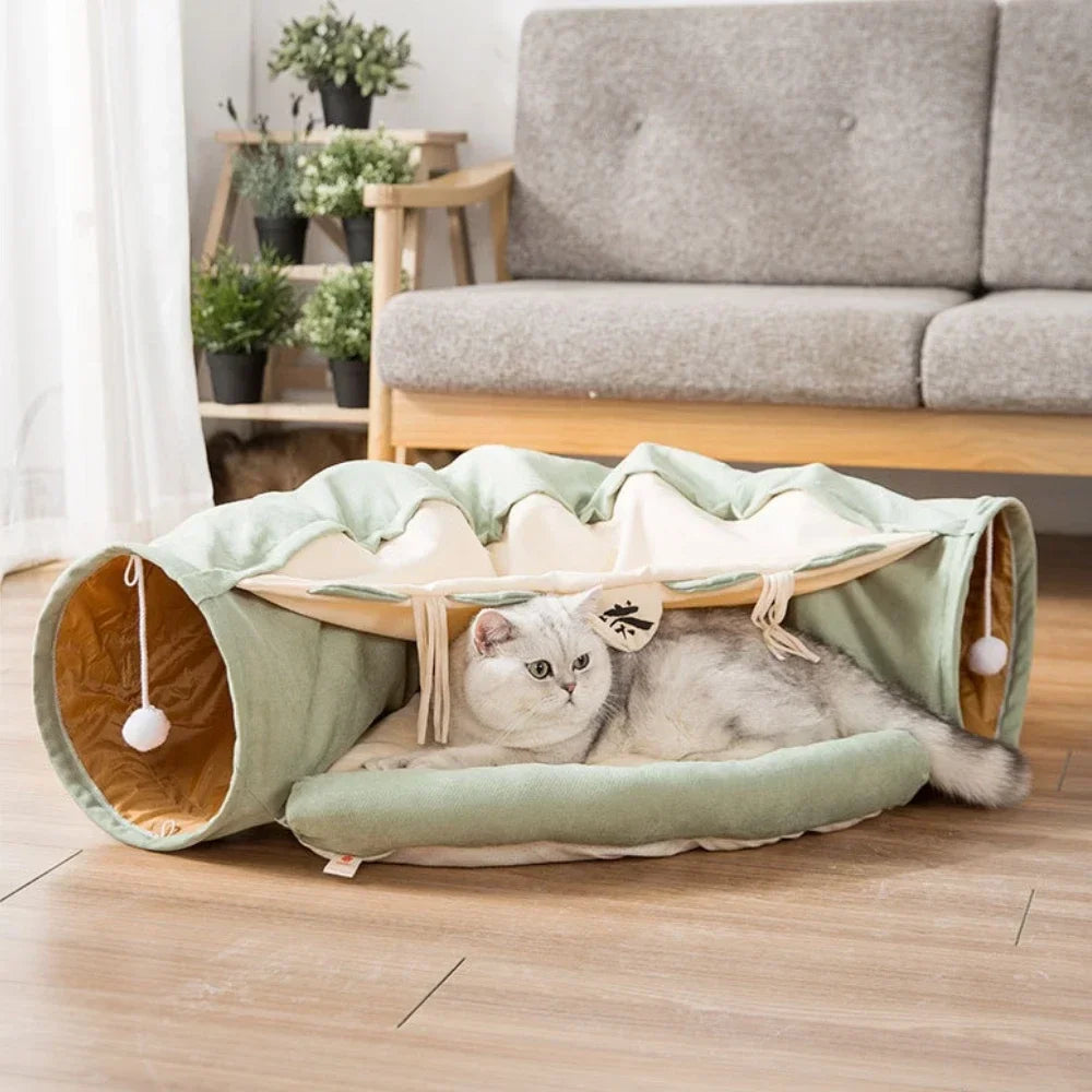 FurryFun 2-in-1 Katzenspieltunnel mit abnehmbarer Schlafmatte
